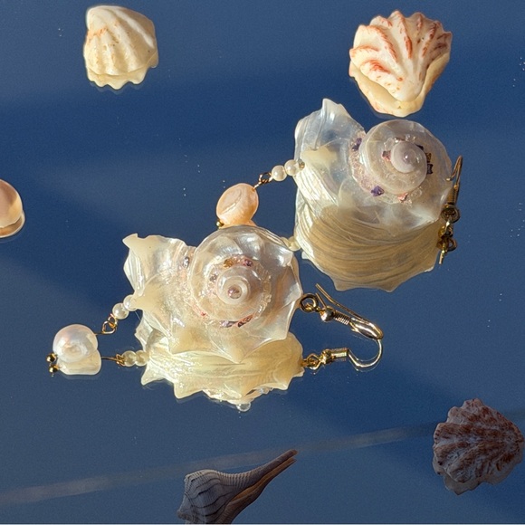 Handcrafted Iridescent Angaria Seashell Earrings with Baroque Pearls